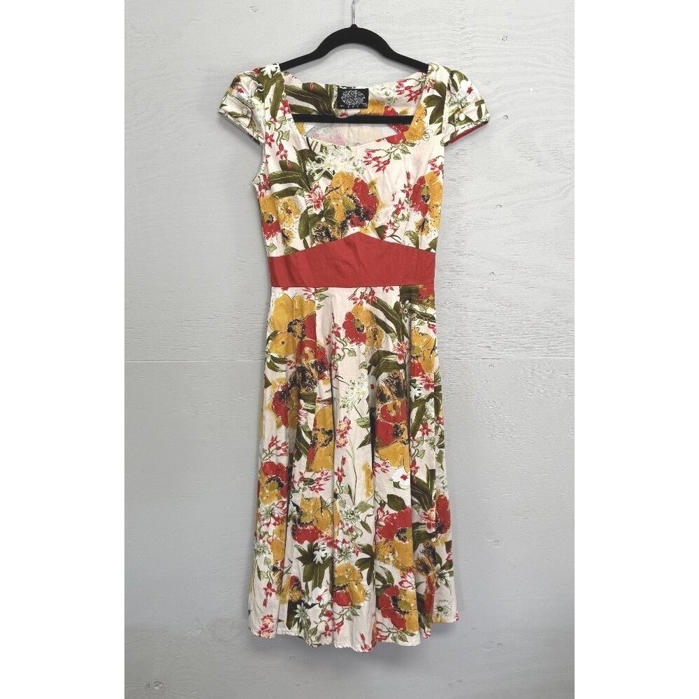 Hearts & Roses London Floral Rockabilly Swing Dress Red‎ Yellow Cotton USA 4